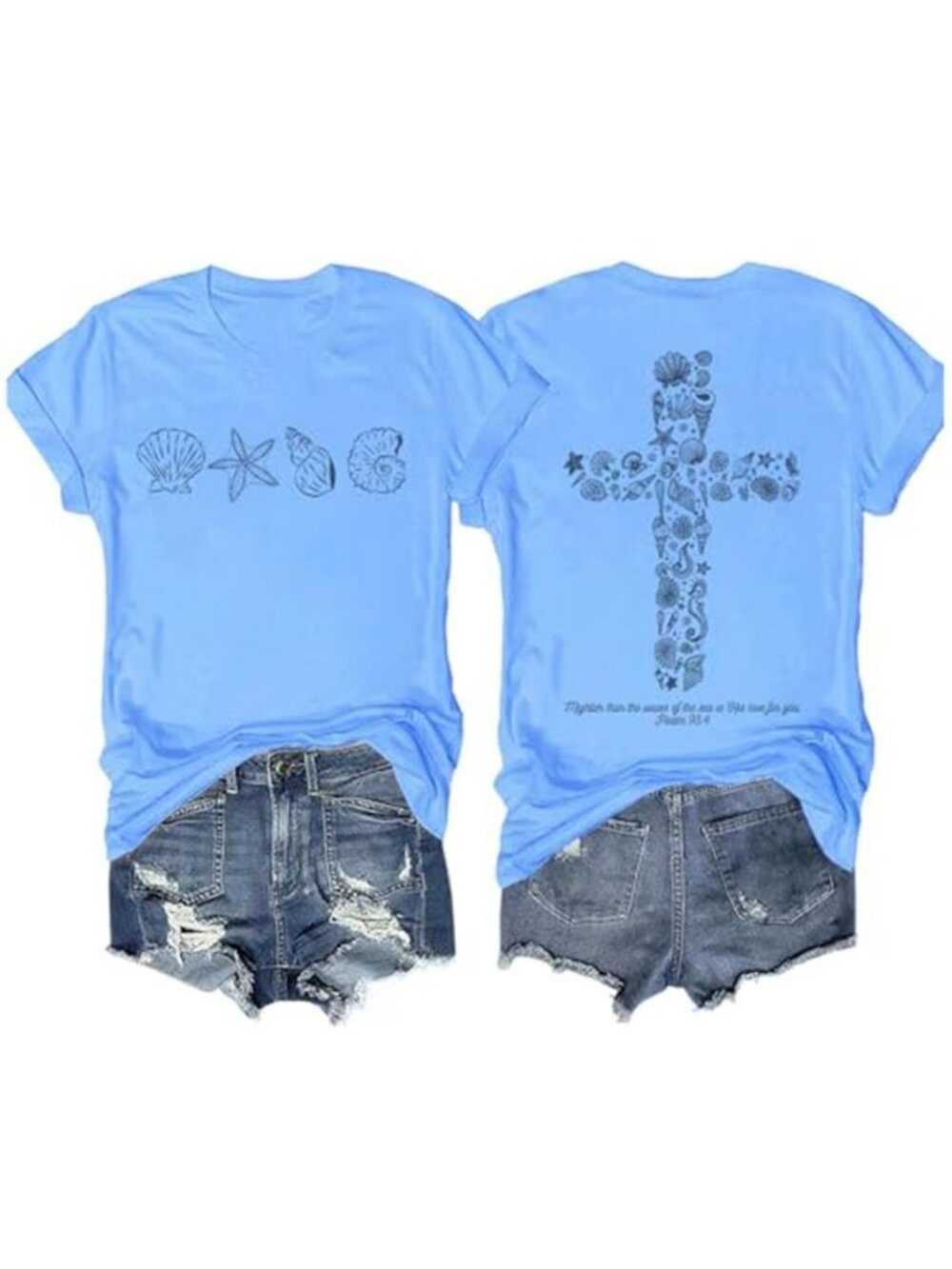 Blue Summer Seashell Christian Cross  Shirts - Beachy Christian